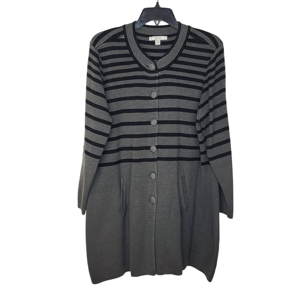 Liz Claiborne Gray and Black Striped Button-Front Long Cardigan Sweater Size XL